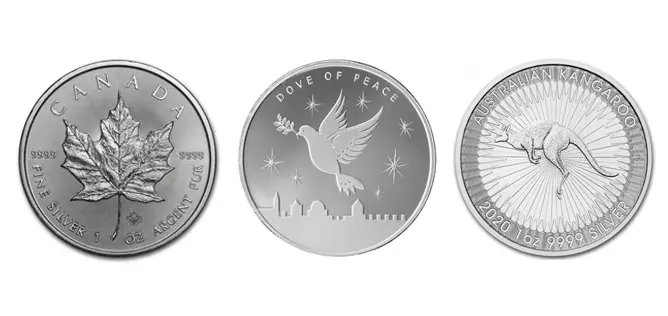 Australian Kangaroo Silver Bullion Coin, Dove of Peace Silver Bullion and Maple Leaf Silver Bullion Coin