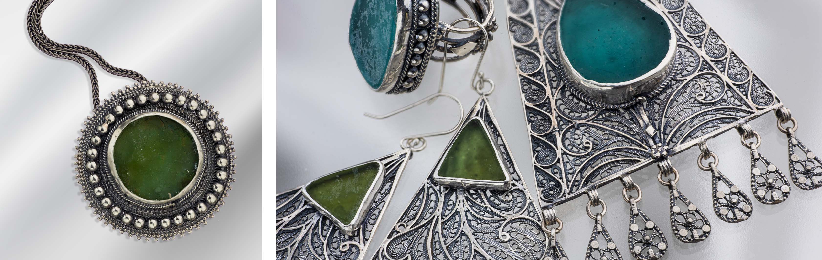 Amphora Collection | Handmade 925 Sterling Silver Yemenite Filigree Jewelry set with Ancient Roman Glass