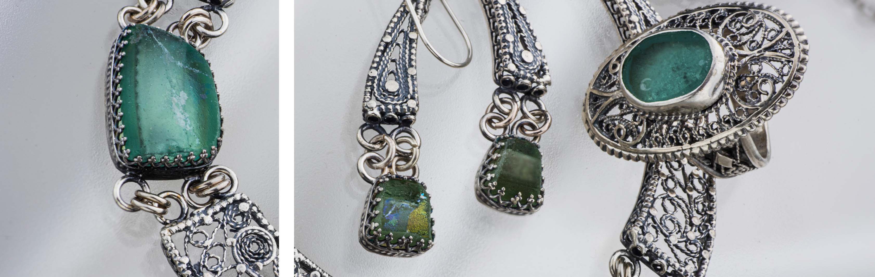 Apollonia Collection | 925 Sterling Silver Yemenite Filigree Jewelry set with Ancient Roman Glass