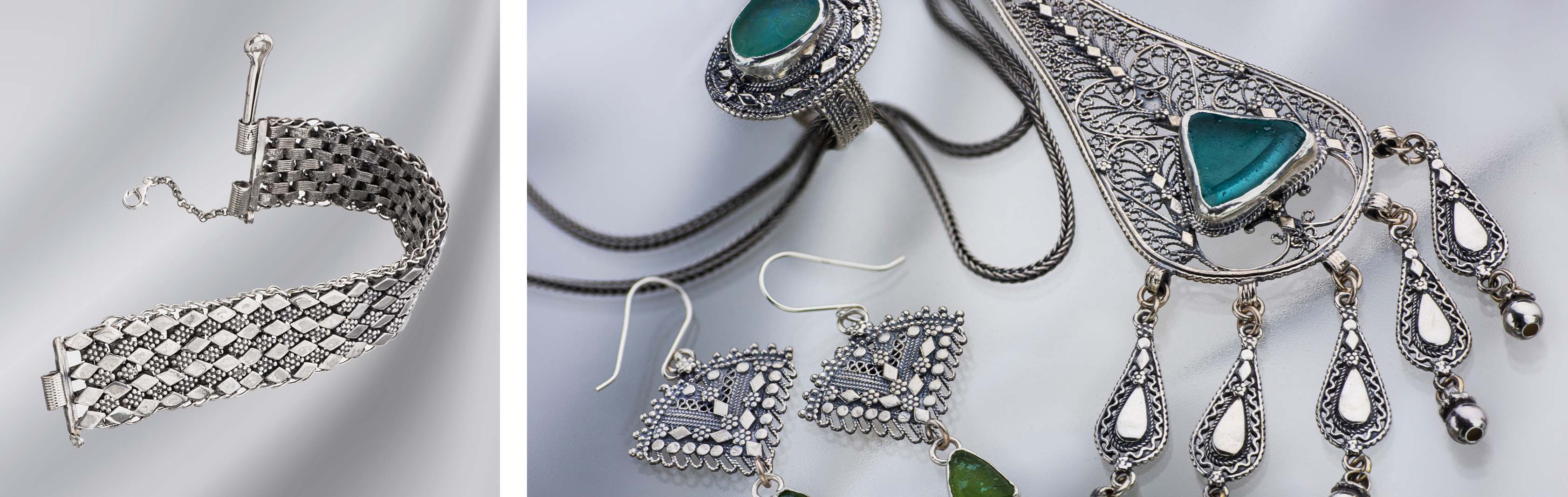Shlomit Collection | 925 Sterling Silver Yemenite Filigree Jewelry set with Ancient Roman Glass